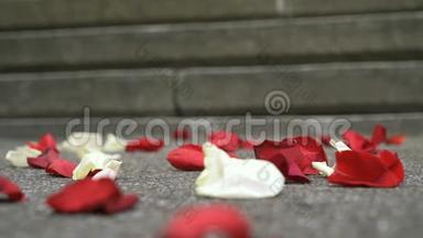 红色，白色玫瑰<strong>花瓣散落</strong>在大理石瓷砖上